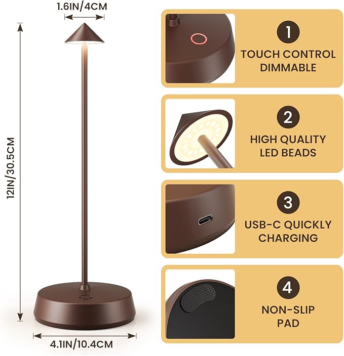 Cordless Table Lamps Rechargeable, 6000mAh LED Battery Operated Desk Lamp, Portable Outdoor Waterproof Touch Stepless Dimmable Wireless Table Light for Dining Restaurant Home Patio (Brown-1PC)