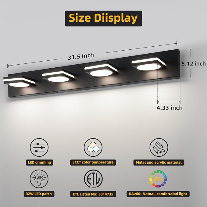 OKELI 4-Light LED Bathroom Vanity Light Fixtures, Matte Black Modern Bathroom Wall Lighting Fixtures Over Mirror (3CCT, 3000K-6000K)