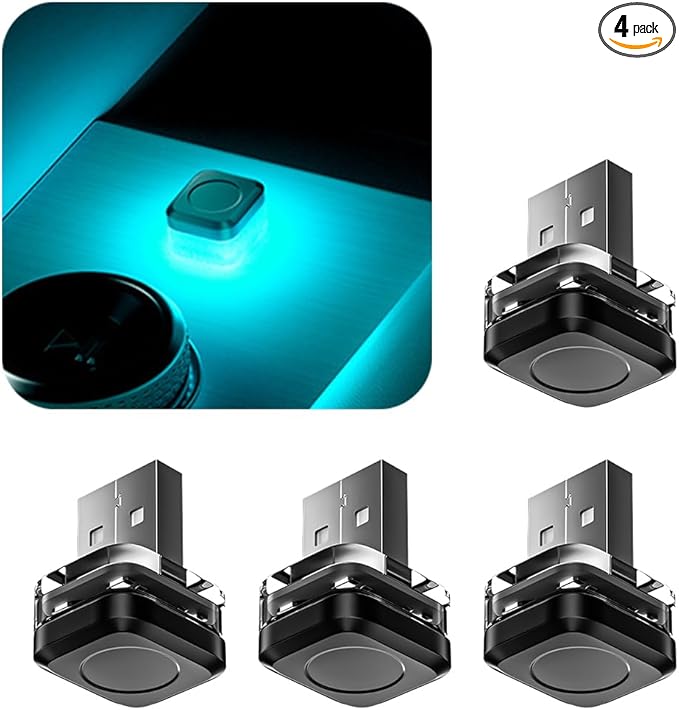 4PCS Car Interior USB LED Light, Portable Plug-in Bright Vehicle Atmosphere Decor Lamp, Small Automotive Inside Decoration Ambient Night Light Kit, Universal for SUV Van Truck (Ice Blue)