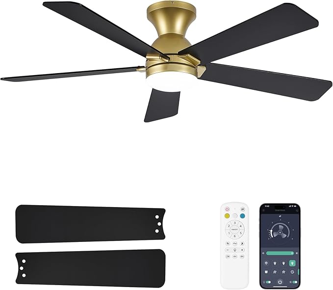 Ceiling Fans with Lights and Remote, 48 Inch Gold Ceiling Fan with Light, Low Profile Reversible Fandelier Ceiling Fan, Dimmable LED, Flush Mount, Quiet DC Motor, for Bedroom Kitchen