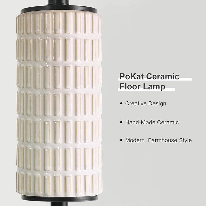 PoKat Farmhouse Floor Lamp for Living Room with Ceramic, 64" Black Standing Lamps for Living Room Corner, Modern Tall Floor Lamps for Bedroom, Sofa, Reading Nock, Rotary Switch, Matte Black
