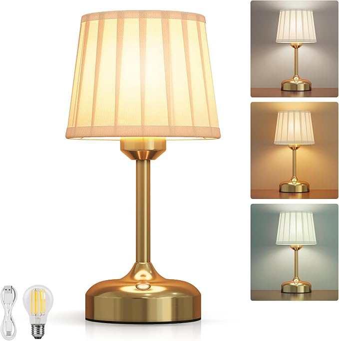 Mini Cordless Table Lamp, Small Table Lamp 5000mAh Rechargeable Table Lamp Battery Operated Touch Lamp Fabric Shade Stepless Dimmable Bedside Lamps for Bedroom, Living Room, Dining Room