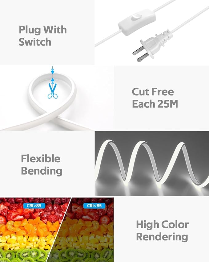 LED Strip Lights 100FT Plug in with Switch AC 110V One Roll COB LED Rope Lights 6000K Daylight White High Density 288Leds/M Extra Long COB LED Lights Outdoor Waterproof for Patio Decor