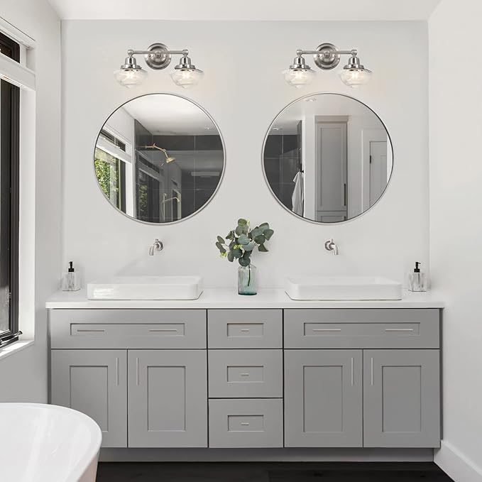 Design House Vintage-Inspired Schoolhouse 2-Light Dimmable Vanity Light, 16.875 in x 7.625 in x 9.5 in, Satin Nickel, Clear Seeded Glass Shades, 589135-SN