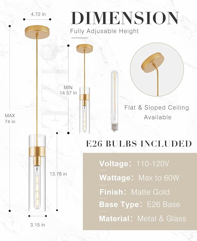 3 Pack Gold Pendant Lights Kitchen Island (Bulbs Included), Adjustable Modern Glass Pendant Light Over Island, Industrial Pendant Light Fixtures for Dining Room Hallway Bedroom Living Room