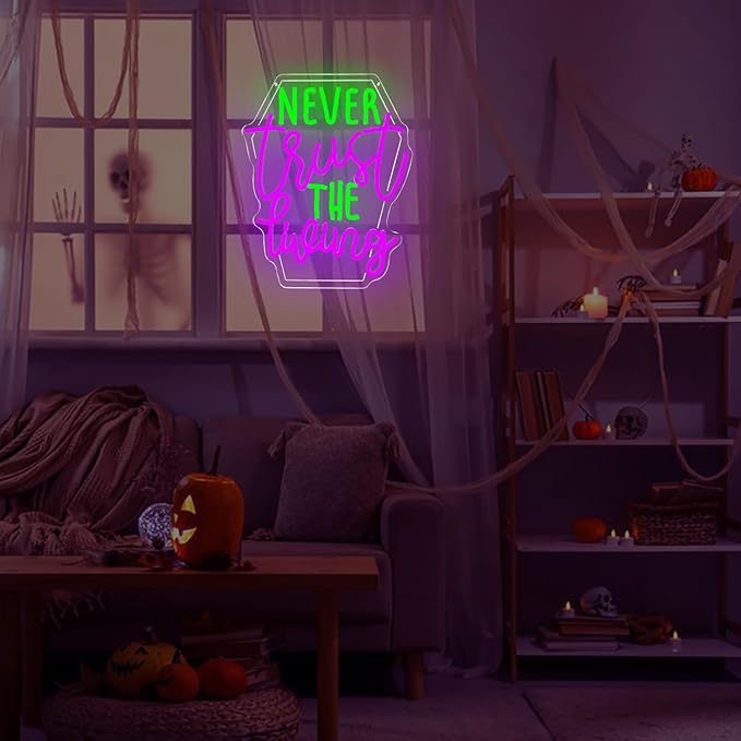 Ajoyferris Never Trust The Living Neon Sign Halloween Led Signs Dimmable Tombstone Light Up Sign Gothic Haunted House Neon Window Lights Scary Halloween Decorations