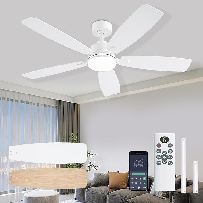 White Ceiling Fans with Lights, 52 Inch Low Profile Ceiling Fan with Light and Remote/App Control, Dual-Sided Blades, Reversible, 3CCT, Dimmable, Modern Ceiling Fan for Indoor/Outdoor Patios