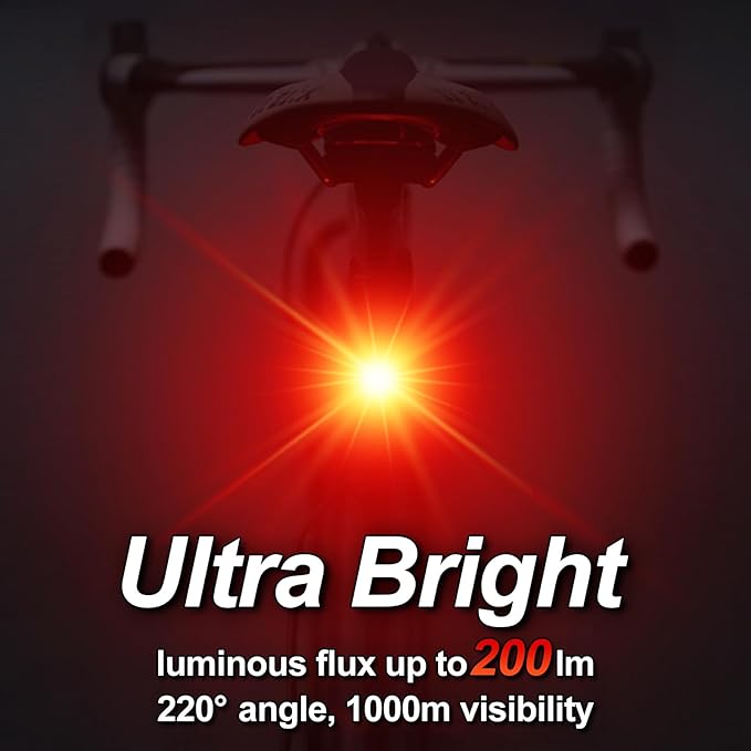 Cruxer Ultra Bright Bike Tail Light 200 Lumen Compact Bicycle Rear Light, USB-C Rechargeable, Smart Brake Sensing up to 300 Lumen, 8 Light Intensity Levels, 4 Lighting Modes, IP66 Waterproof