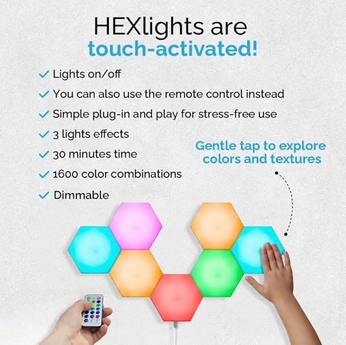 Emberela HEXlights 7-Pack Hexagon Lights, Touch and Remote Controlled RGB Wall Panels - LED Light Panels for Living Room, Bedroom, Game Room Decor - Tabletop Stand Included