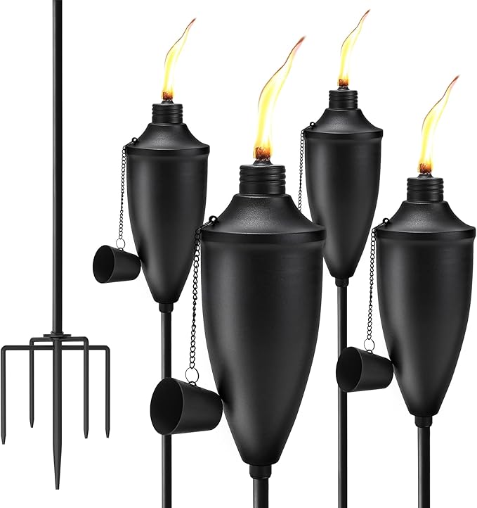 Home Garden Torch Set of 4, Large Capacity 22oz Outdoor Metal Torch Garden Décor, 61 in Upgraded Citronella Torches with 5-Prong Grounded Stake, Torches for Party Patio Pathway