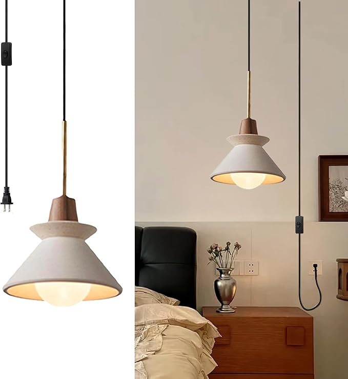 7.7" Plug in Concrete Pendant Light, Nordic Wabi Sabi Pendant Lamp with Wood Accent White Cement Pendant Light Minimalist Lamp for Living Room Bedside Kitchen Island Dining Room Apartment Dorm