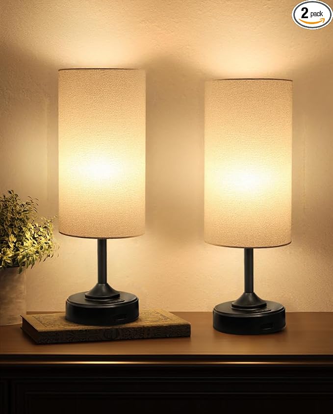Wireless Lamp, 2-Pack, Ambient Light, Dimmable, 2700K, Timer, Touch Control, Portable, LED, Battery Operated, Rechargeable, Cordless, Desk Lamp, Kitchen Lamp, Fabric Shade, for Bedroom, Living Room