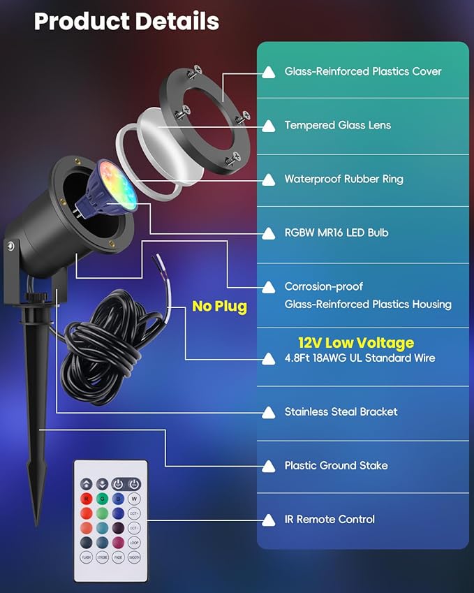 12V RGB Pond Light Underwater, RGB+CCT Tunable 2700K-6500K MR16 LED Bulb with Remote Control, Submersible for Ponds, Waterfalls, Fountains, Well Light, Low Voltage Yard Landscape Lighting