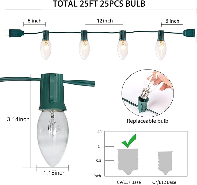 SUNSGNE C9 Clear Christmas Lights 25Ft Outdoor Christmas String Lights with 26 Clear Light Bulbs for Outdoor Patio, Cafe, Party Decor- Green Wire