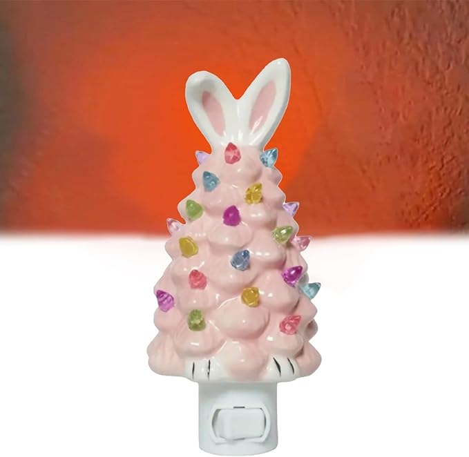 Easter Bunny Tree,Bunny lamp,Glowing Bunny Imitation Ceramic Tree,Resin Bunny Figurine with Colorful Lamp,Light Up Tree with Rabbit Ears,Easter Night Light for Home Decorations (D)