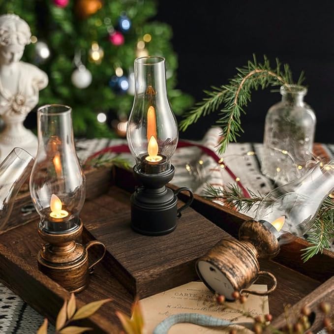 Zerodeko Kerosene Lamp Vintage Flameless Table Lamp Led Kerosene Lantern Clear Hurricane Lamp Battery Operated Nightstand for Bedroom Living Room Black