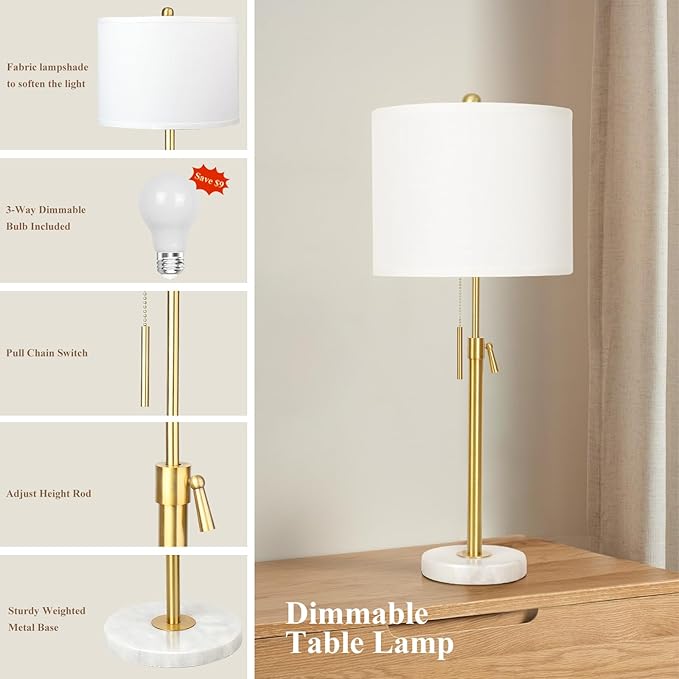 Gold Table Lamp Set of 2, 22-30" Height Adjustable Modern Nightstand Lamps with Marble Base and Pull Chain Switch for Living Room Bedroom, Office, Bedside Table, Farmhouse