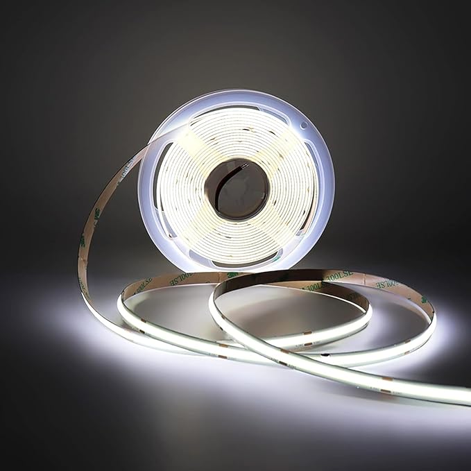 COB LED Strip Light, IP30 DC12V 6000K High Density Uniform Light 480LEDs/M Super Bright CRI>90 16.4ft Tape Dotless Cuttable Flexible for Cabinet Home Indoor DIY Lighting (No Power or Controller)