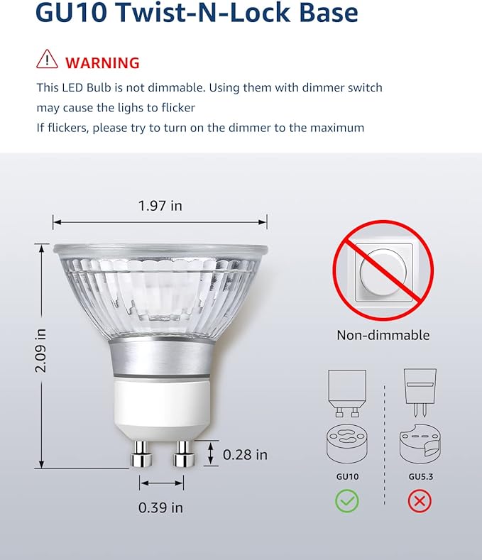 LE GU10 LED Light Bulbs Non-Dimmable, 5000K Daylight White GU10 Bulb Replacement for Recessed Track Lighting, 4W LED Bulbs with 100°Flood Beam for Kitchen, Range Hood, Living Room, Bedroom, 6 Pack