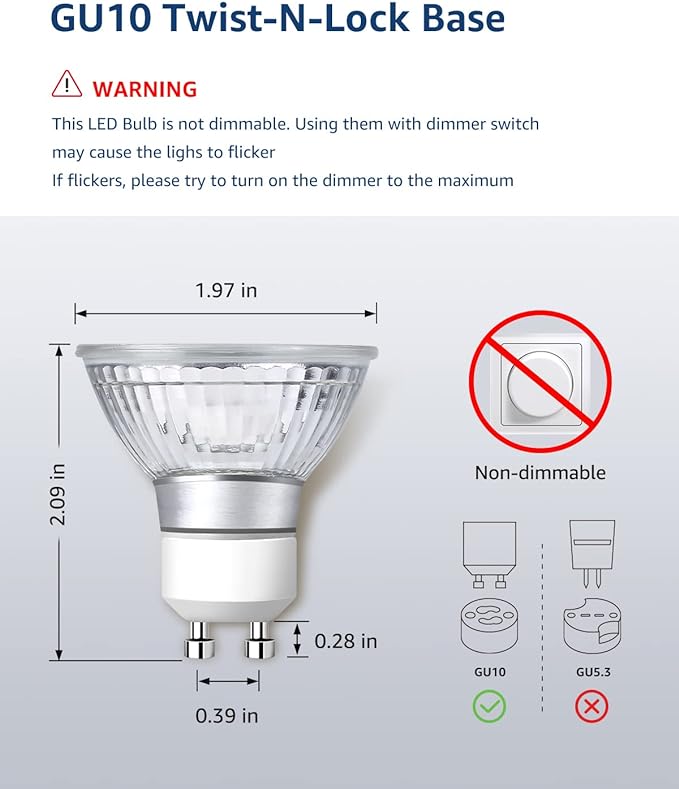 Lepro 2700K Soft Warm Light Non-Dimmable GU10 LED Light Bulbs, GU10 Bulb Replacement for Recessed Track Lights, 4W LED Bulbs with 100°Flood Beam for Kitchen, Range Hood, Living Room, Bedroom, 6 Pack