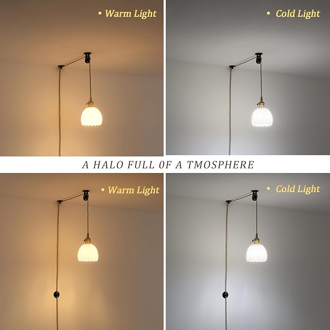 Mini Plug in Pendant Light Hanging Light Fixture Corded On/Off Switch Brass Pendant Light with White Tulip Glass Lampshade for Bedroom Living Room Kitchen Island