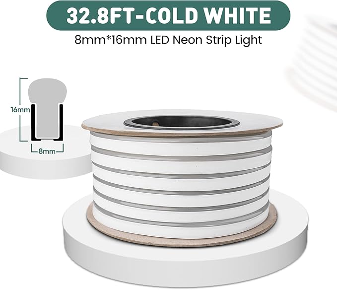 GZBtech Flexible LED Neon Rope Lights 33FT,AC 110-120V Waterproof Strip Light, 120 LEDs/M Cuttable Connectable Neon Lighting for Indoor Outdoor Home Decor/Commercial Use-Cold White 10M, ETL Listed