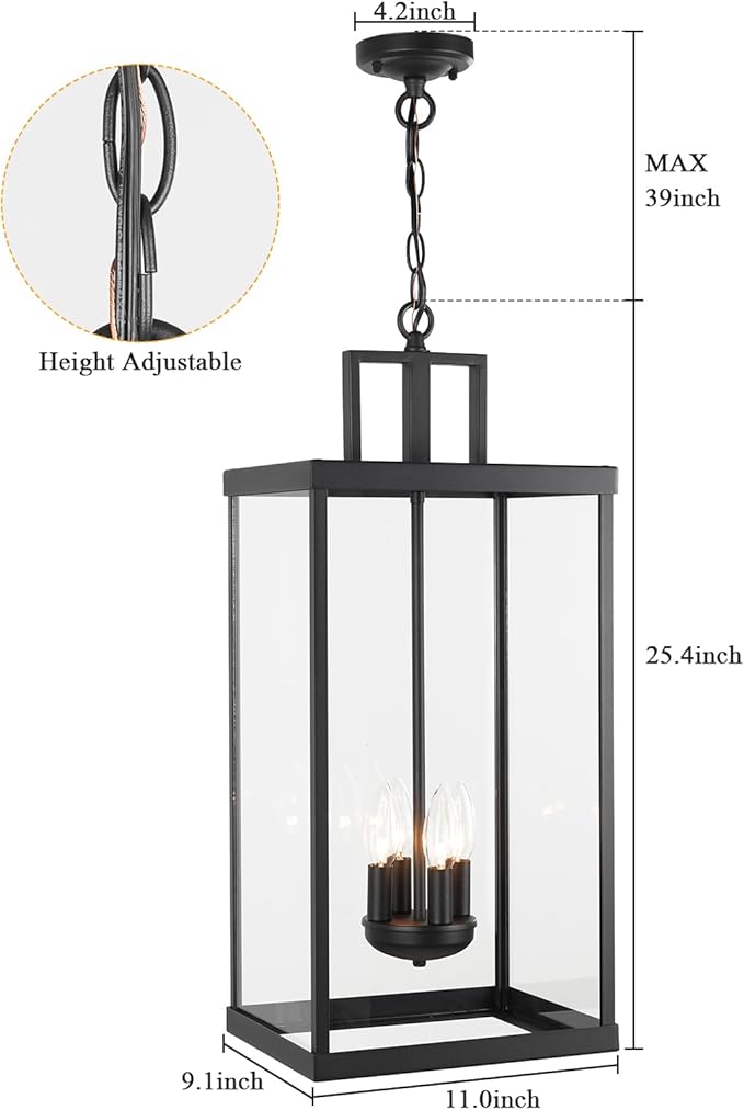 Outdoor Pendant Light, 25'' Large Hanging Lights Lantern Light, Modern Outside Chandelier with Clear Glass, Exterior Gazebo Light for Patio, Porch, Yard, Garage