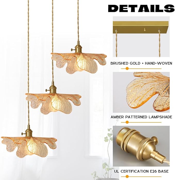 Mid Century Modern Chandelier 3 Light Glass Pendant Lights with Hand Blown Amber Glass Shade Brass Pendant Light Farmhouse Gold Adjustable Hanging Light for Kitchen Dining Room Bedroom