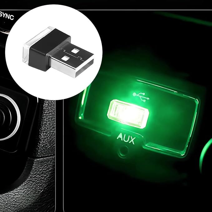 4PCS/Set USB LED Car Interior Atmosphere Lamp, Portable Mini Vehicle LED Night Light, Plug-in USB Interface Automotive Interior Ambient Lighting Kit Accessories, Universal Fit (Green)