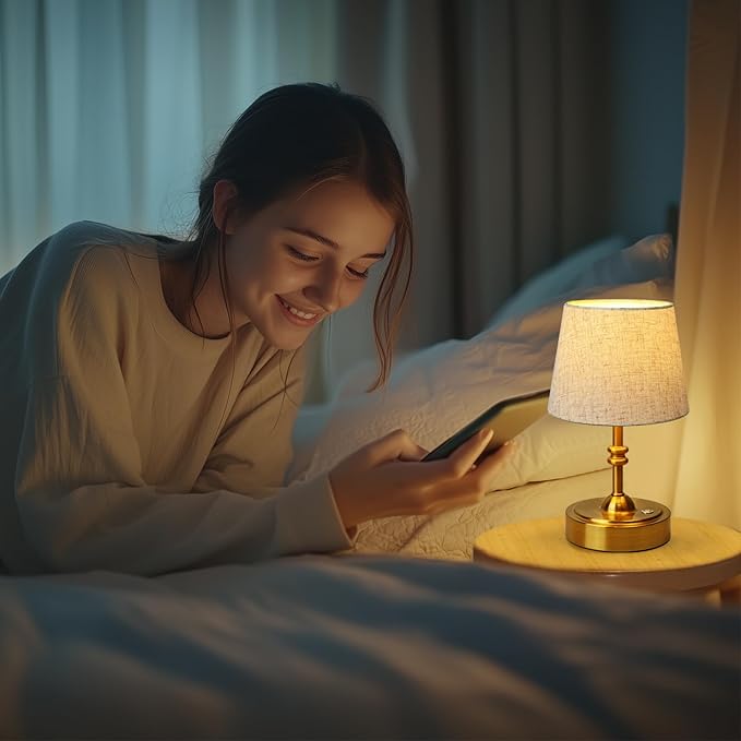 ONEWISH Small Cordless Lamp, Battery Operated Table lamp Dimmable, 4000mAh Rechargeable, Touch Bedside Lamp with Beige Linen Fabric Shade, 2700K Bulb Included, for Dining, Patio, Bathroom(Gold)