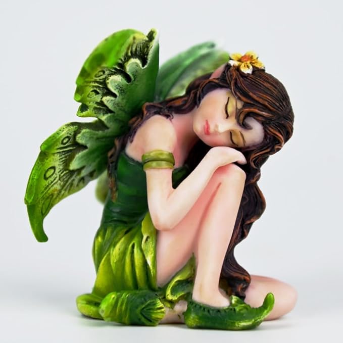 Fantasy Sleeping Fairy Figurine, 3.15 Inch Mini Green Elf Statue, Hand-Painted Resin Indoor Decor for Desk, Plant Pot, Fairy Garden