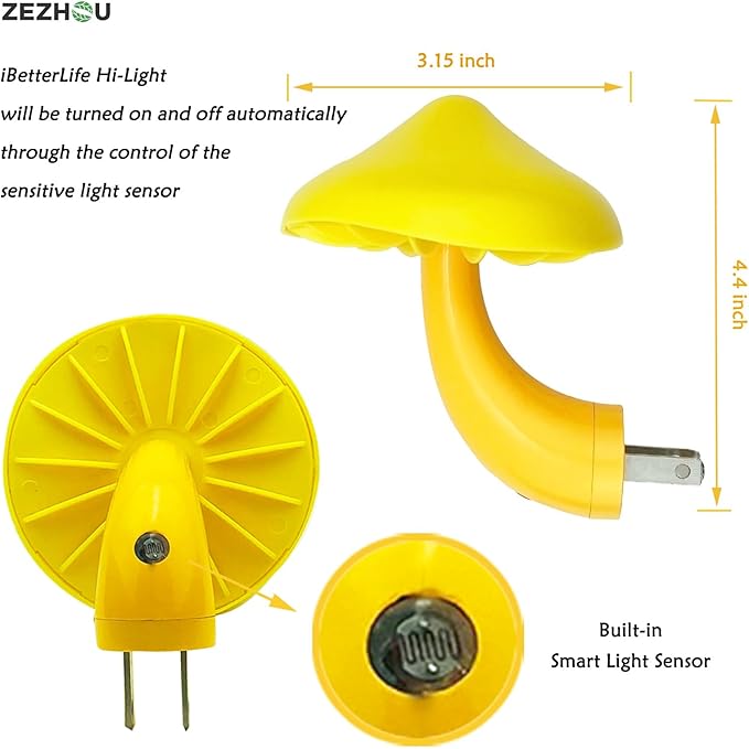 ZEZHOU Sensor LED Mushroom Night Light - Plug-in Wall Dream Bed Room Nightlight for Adults Kids Cute Mushroom Lamp Cottagecore Decor for Bedroom, Bathroom, Stairs, Hallway Corridor, Warm Yellow