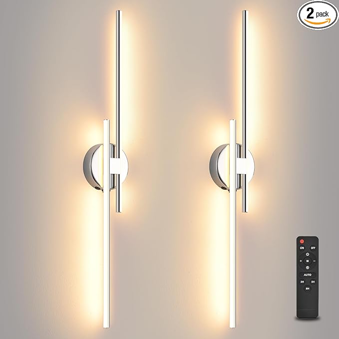 Wireless Battery Operated Wall Sconces with Remote, USB Rechargeable Led Wall Lights, 3000K-6000K Wireless wall sconces for Bedroom, Hallway, Living Room. Chrome 31.4-Inch Wall Light Set of Two