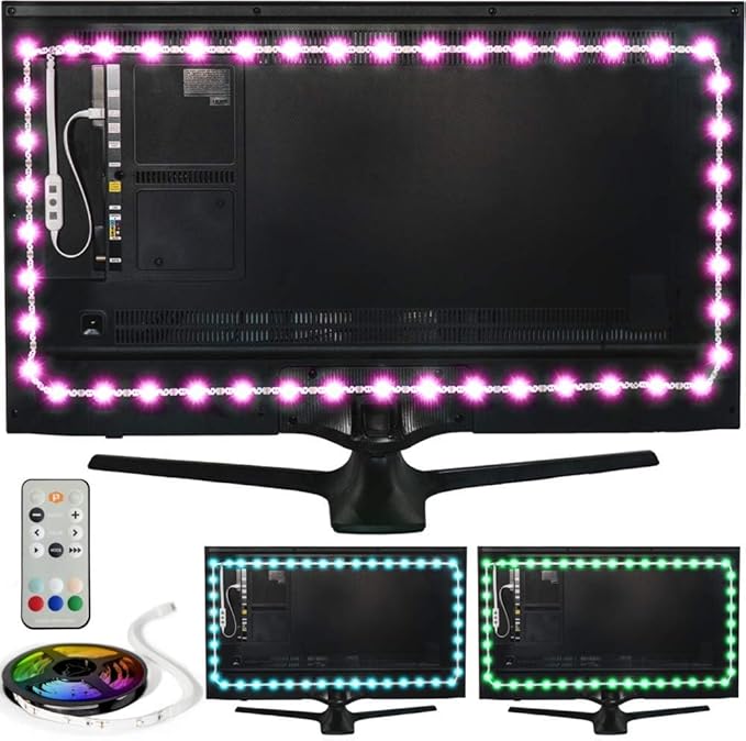 Power Practical LED Lights for TV in Living Room or Bedroom, Luminoodle Backlight, USB Powered Strips w/Remote for 15 Ambient Color Bias Lighting Options & 10 Brightness Modes, Size (41"-59" TV)