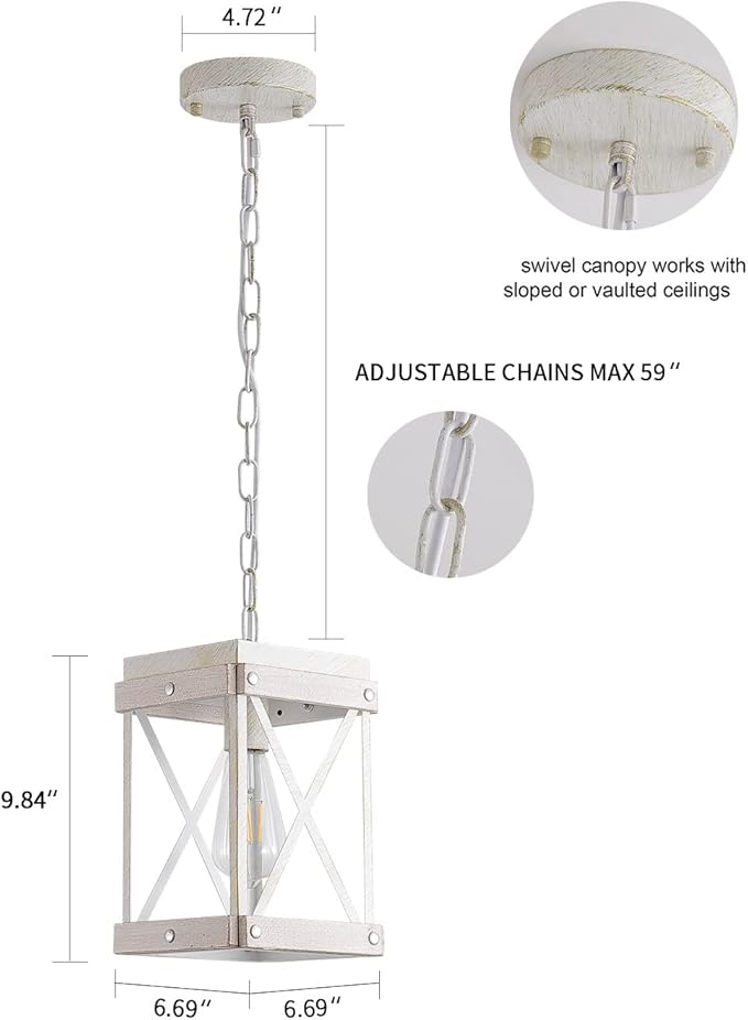 Fivess Lighting Modern Farmhouse Antique White Distressed Pendant Light with Wood and Metal Cage, One-Light Adjustable Chains Rustic Mini Pendant Lighting Fixture for Kitchen Island Cafe Bar