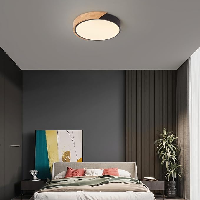 LED Ceiling Lights, 12 Inch Black Modern Flush Mount Lighting Fixture,Round Shaped Wood Ceiling Lighting,30W,3000K Warm Light