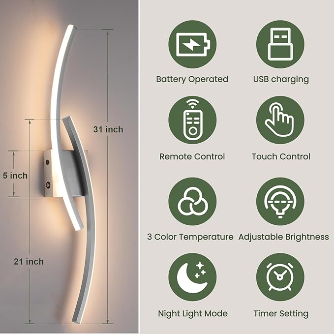 Battery Operated Wall Sconce Set of 2,Brushed Nickel Wall Sconces with Remote Control,3000K-6000K Modern LED Wireless Wall Light for Living Room, Hallway, Bedroom, 39.3 Inch (2 Pack)
