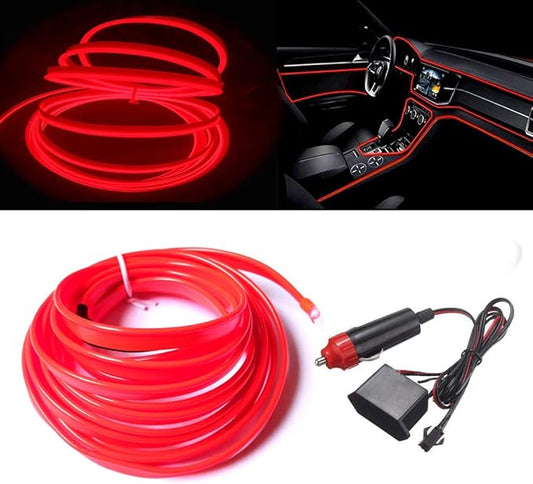 MaxLax Red LED Neon Car Interior Lighting Strip - 3 Meter Flexible 12V EL Wire with Built-in Fuse Protection for Automotive Interior Customization, Featuring 6mm Sewing Trim for Easy Installation.