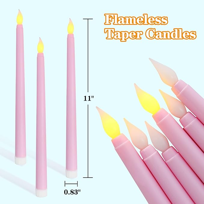 Pink Flameless Taper Candles with Remote, Battery Powered Christmas LED Candlesticks Set of 12