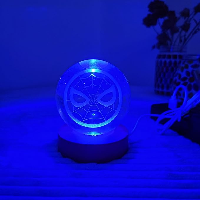 Marvel Spiderman Globe Light Crystal Orb Lamp with Color Changing LED Glow, USB Powered Night Light with Wooden Base, Decorative Ambient Accent Light for Bedroom, Desk, Kids Room Gift