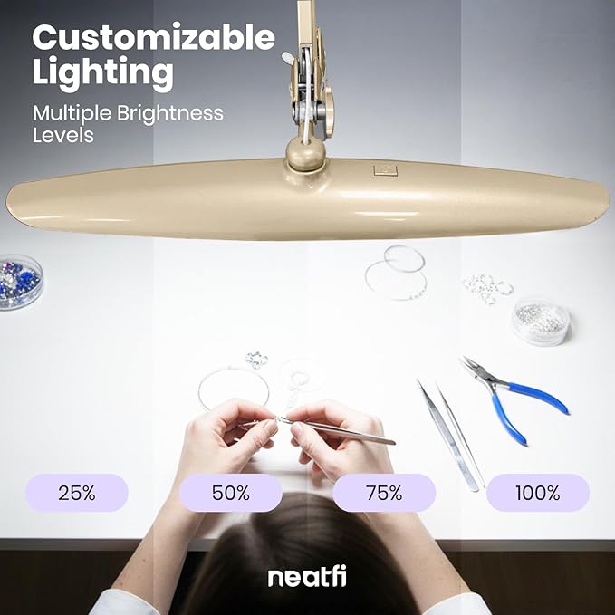Neatfi XL LED Desk Lamp with Clamp, 2200 Lumens, 24W, 20-Inch Wide Head, Dimmable 4 Brightness Levels, Task Light for Home Office, Crafts, Workbench (Non-CCT, Gold)
