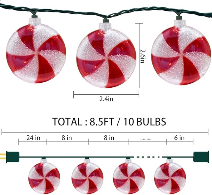Christmas Candy String Lights, 8.5Ft Christmas Decorations Fairy Lights with 10 Lollipop Light, Connectable Candy Decor Lights UL Listed for Camping Patio Christmas Tree Wedding Party Thanksgiving