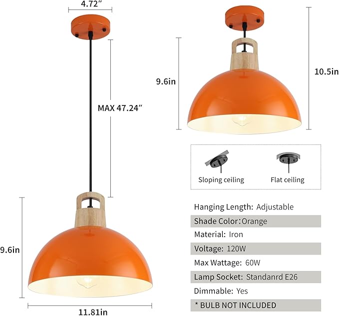 Modern Pendant Lights, 3 Packs 11.8inch Orange Pendant Light, Farmhouse Pendant Light, Kitchen Pendant Lighting, Pendant Lights Kitchen Island for Living Room, Bar, Bedroom, Office