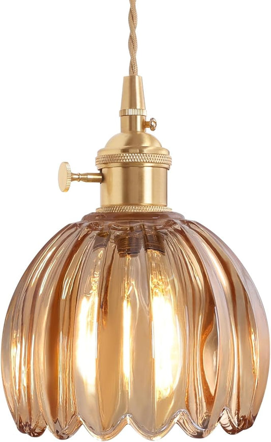 Mini Pendant Light with Amber Tulip Glass Lmapshade, Brass Vintage Pendant Light Adjustable Hanging Light for Kitchen Island Dining Room Hallway