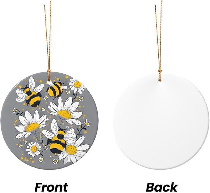 Daisy Flower Floral Bee Christmas Ornaments, Christmas Decorations Xmas Tree Hanging Ornaments, Round Ceramic Festive Keepsake Gift for Xmas Decorations Holiday Home Decor
