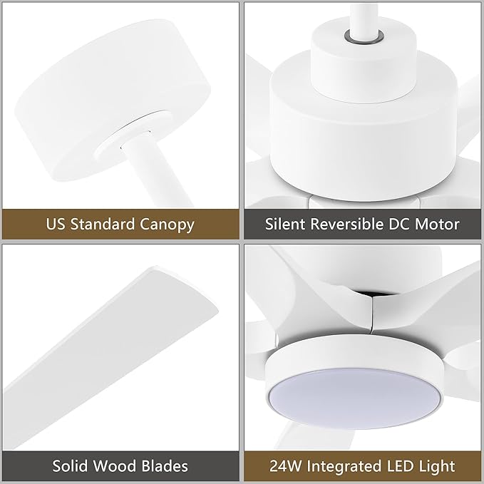 ELEHINSER 52" Modern Ceiling Fan with Light and Remote Control, 5 Solid Wood Blades 6-Speed Noiseless Reversible DC Motor, Ceiling Fan for Bedroom Dinning Living Room, White
