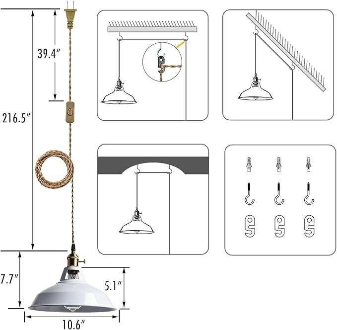 YUBOLE Industrial Swag Hanging Light with Switch Adjustable Height Pendant Lighting with White Metal Barn Shade for Kitchen Foyer Dining