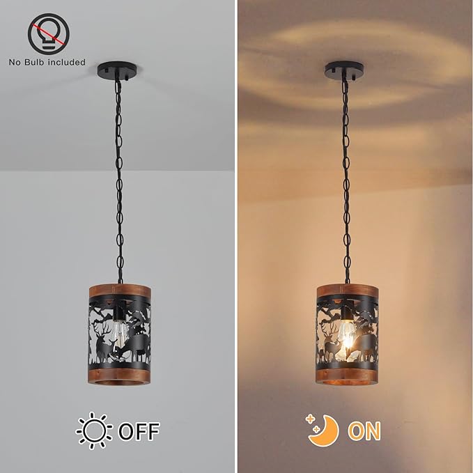 Rustic Deer Pendant Light, 1-Light Farmhouse Wood and Metal Cage Chandelier, Adjustable Hanging Ceiling Fixture for Kitchen Island, Hallway, Bar, Dining Room, Foyer, or Bedroom, (No Bulb Included)