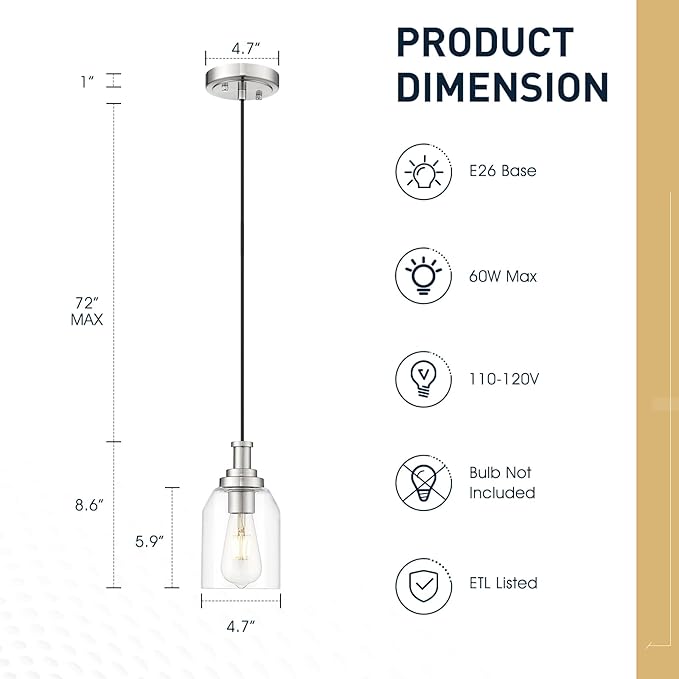 zeyu Modern Pendant Light 2 Pack, Hanging Ceiling Light Fixture for Dining Room Bedroom, Brushed Nickel Pendant Lighting with Clear Glass Shade, ZG33M1L-2 BN