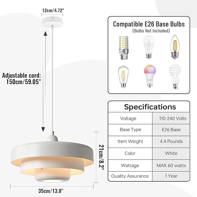 13.8" White Industrial Pendant Light, Mid Century Modern Nordic Adjustable Hanging Lamp for Kitchen Island, Dining Room, Living Room, Hallway Ceiling Light Fixture